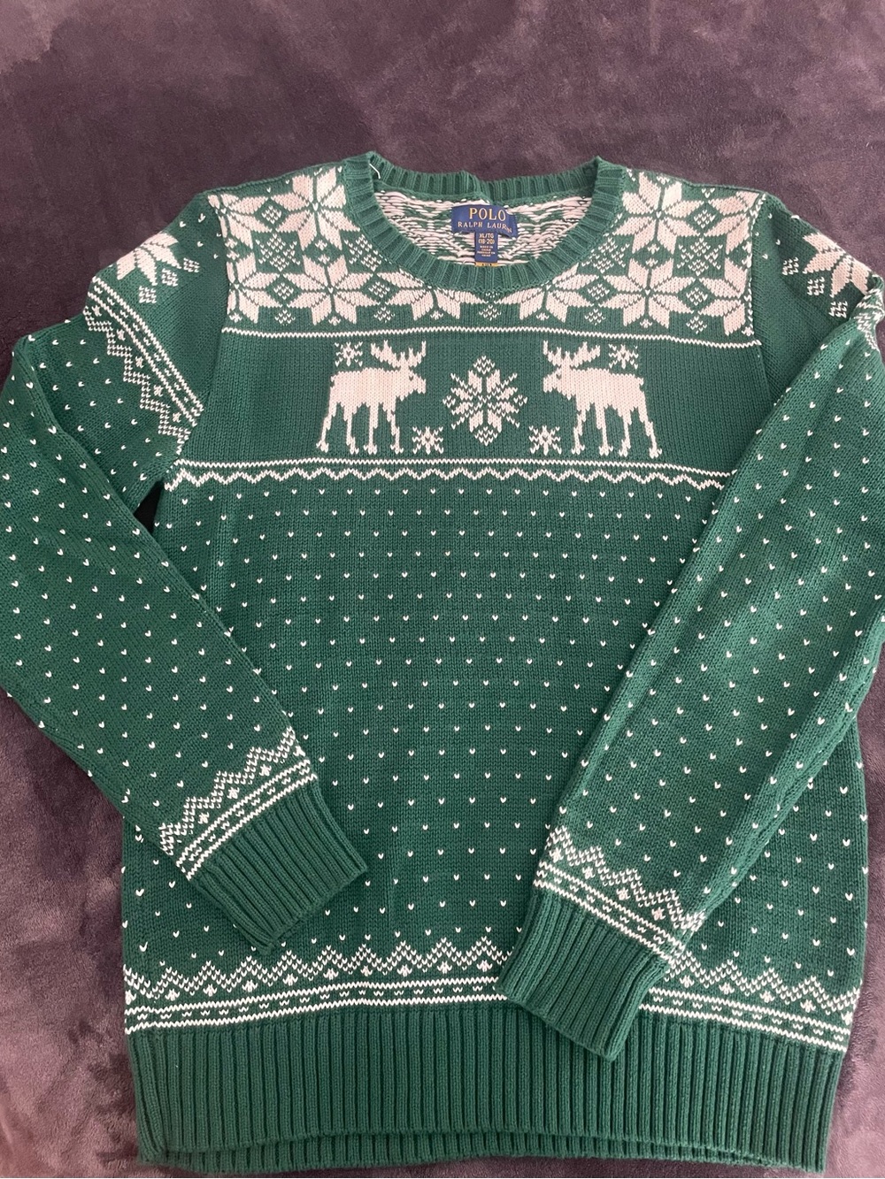 Polo by Ralph Lauren Green Fair Isle Moose Crewneck Sweater with White Motifs